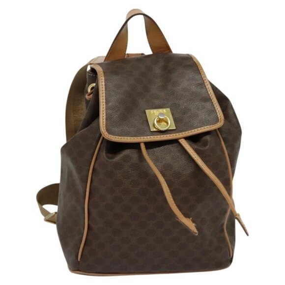 CELINE Macadam Canvas Backpack PVC Leather Brown Gold Auth 121237 - Picture 1 of 16